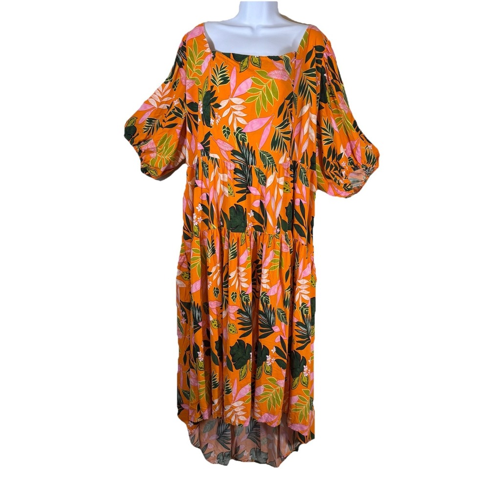 Eloquii Orange Tropical Midi Dress Size 20 Puff Sleeve Square Neck‎ Plus Resort